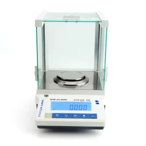 Front view of Stuccler JD-R12W precision laboratory balance showing digital LCD screen