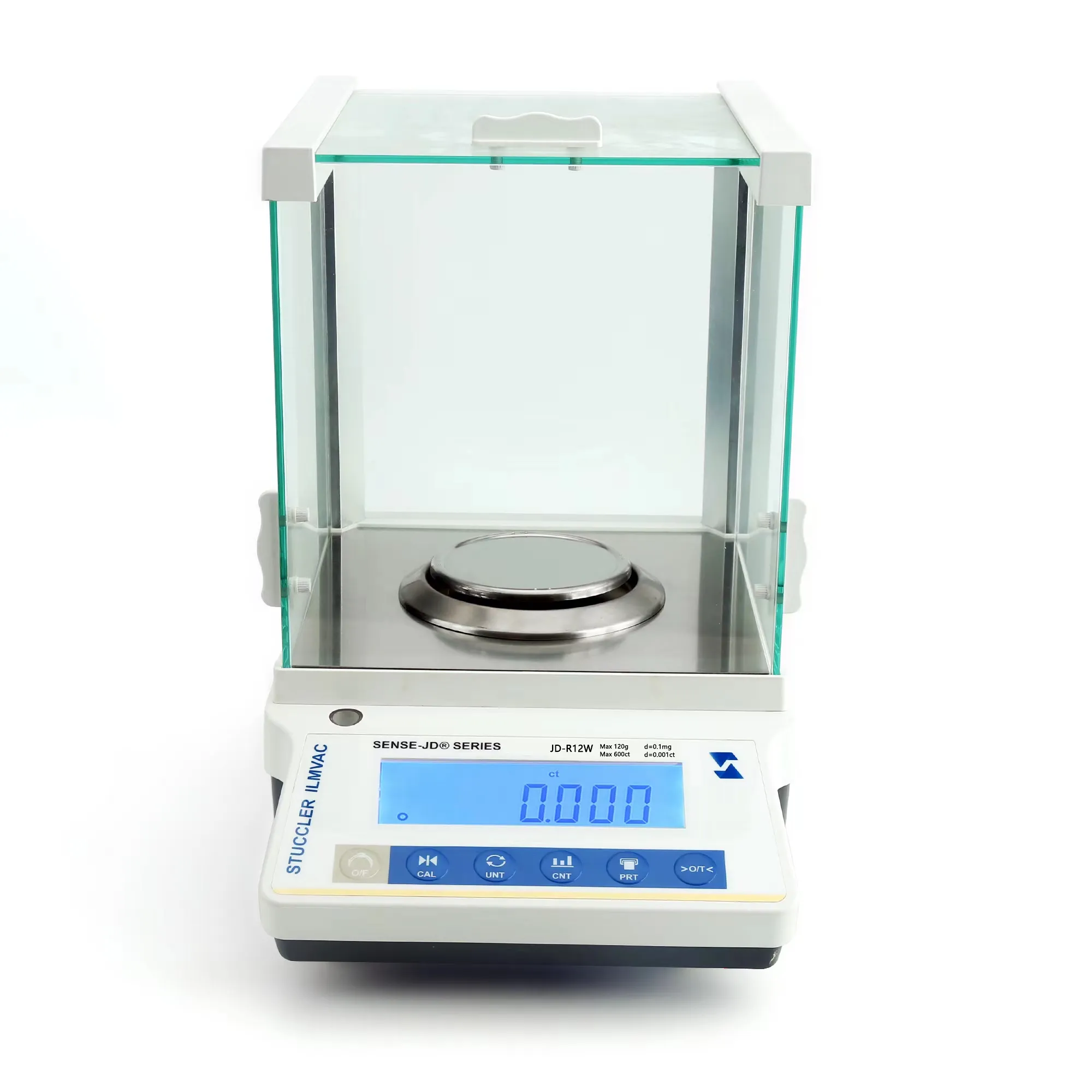 Front view of Stuccler JD-R12W precision laboratory balance showing digital LCD screen