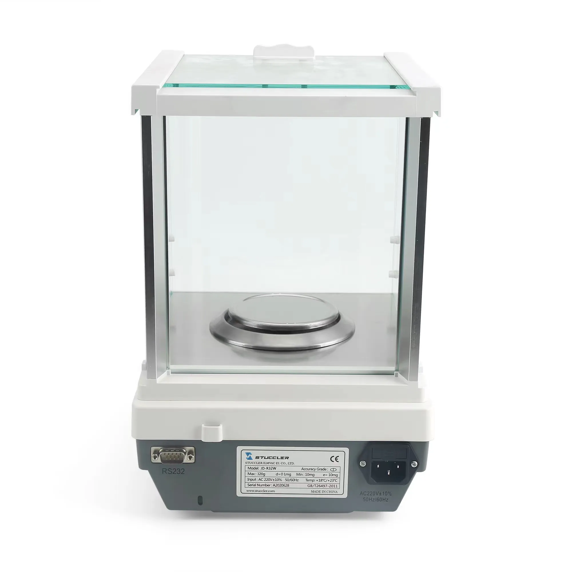Rear interface view of Stuccler JD-R32W showing RS232 port, AC power socket, and CE tag
