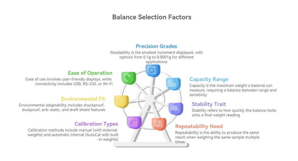 The Balance Selection Factors Wheel includes Precision, Capacity, Stability, Repeatability, Calibration, Environment, and Ease of Use.
