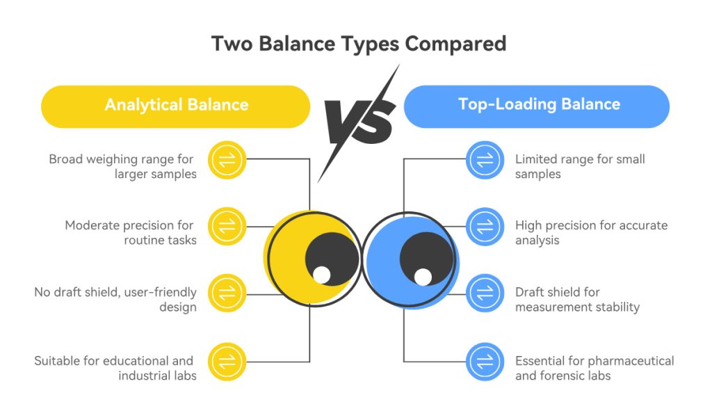 Comparing analytical and top-loading balances, highlighting key differences in precision, range, and features.