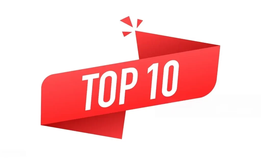 A stylized red ribbon banner graphic with small triangular flags displaying the large white text "TOP".