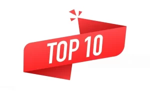 A stylized red ribbon banner graphic with small triangular flags displaying the large white text "TOP".