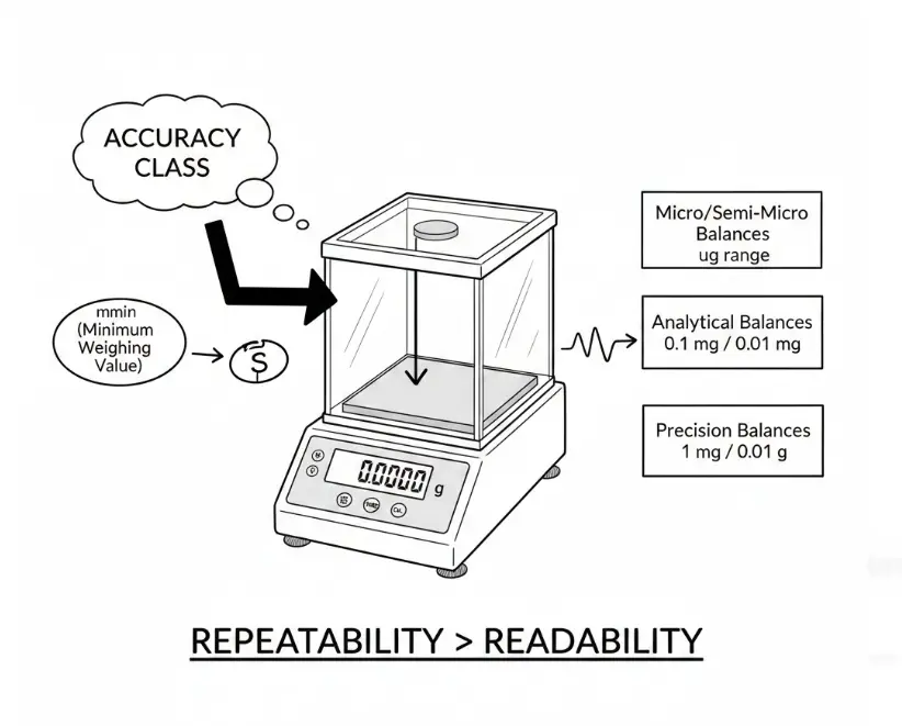 A diagram shows a lab balance, with text highlighting "Accuracy Class," "mmin," and various balance types.
