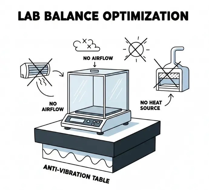 An analytical lab balance on an anti-vibration table, showing no airflow (AC/fume hood) and no heat source for optimal operation.