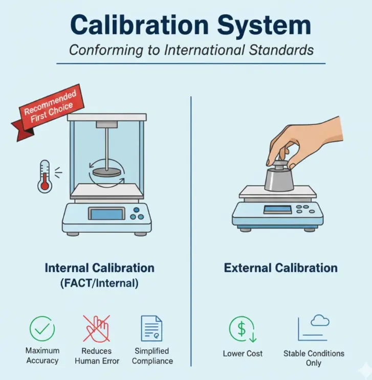 Comparison: Internal Calibration (max accuracy, compliance) vs. External Calibration (lower cost, stable conditions only).