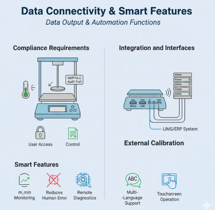 Balance features: Data connectivity (LIMS/ERP), compliance (audit trail), and Smart Features (diagnostics, $m_{min}$).