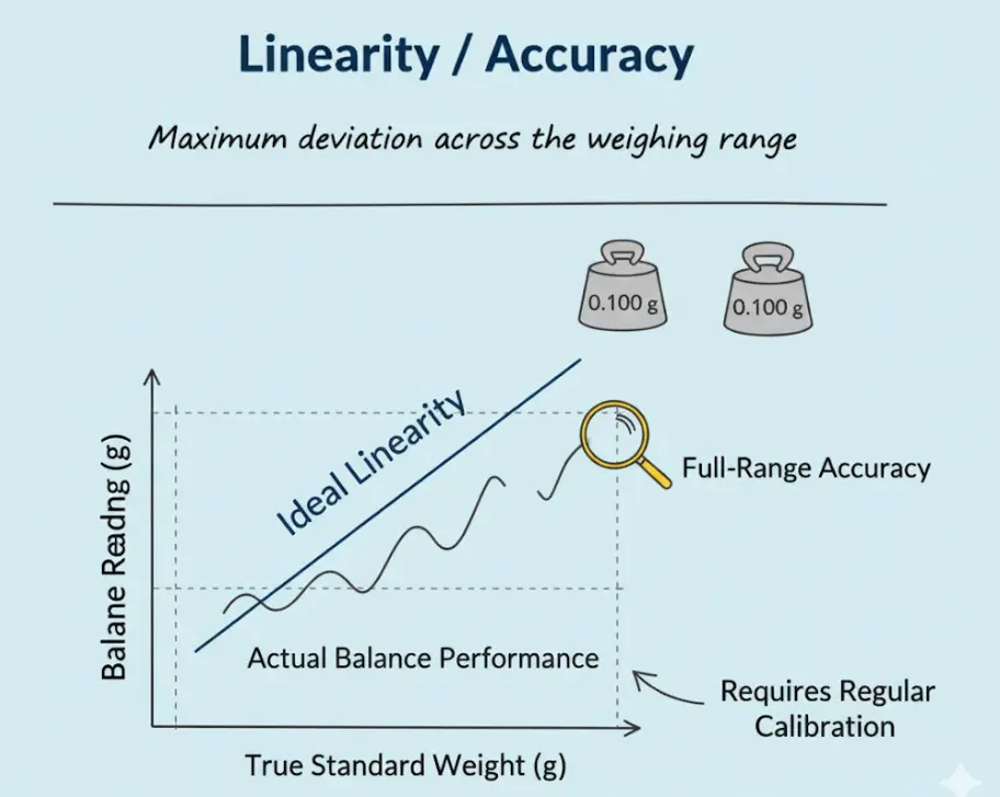 Graph of balance linearity and accuracy. Shows actual performance vs. ideal linearity, requires regular calibration.