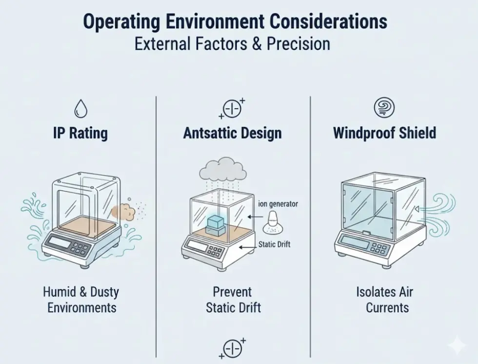 Factors affecting balance precision: IP Rating, Anti-static Design (drift), and Windproof Shield (air currents).