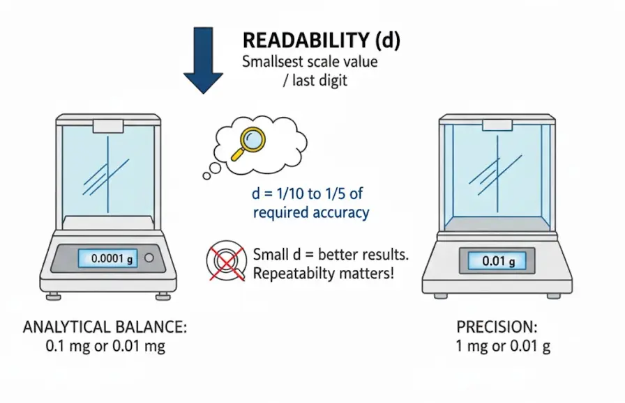 Readability (d) explained: Analytical balance (0.1mg) vs. Precision balance (1mg). Small d ensures better results.