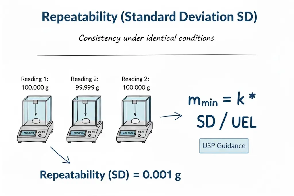 Balance repeatability (SD) calculation and the formula for Minimum Weighing Value ($m_{min}$). USP Guidance shown.