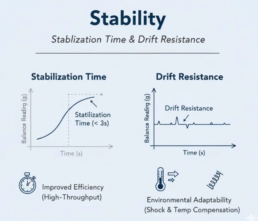 Balance stability graphs: Stabilization Time (<3s) and Drift Resistance (environmental adaptability).