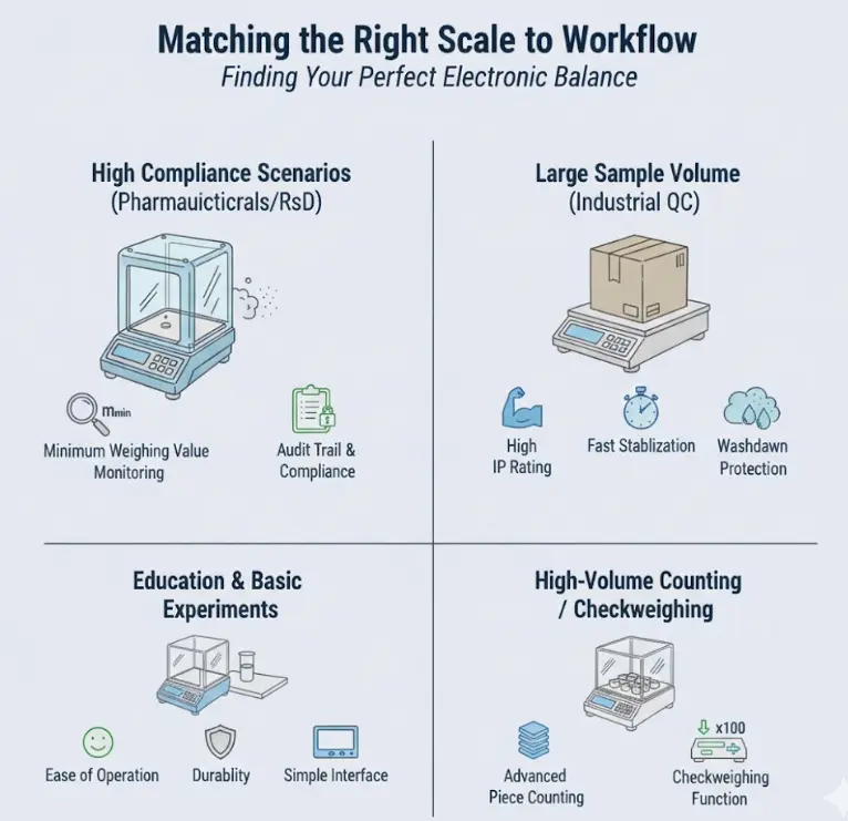 Guide to matching balances to workflow: compliance, large samples, education, and high-volume counting/checkweighing.