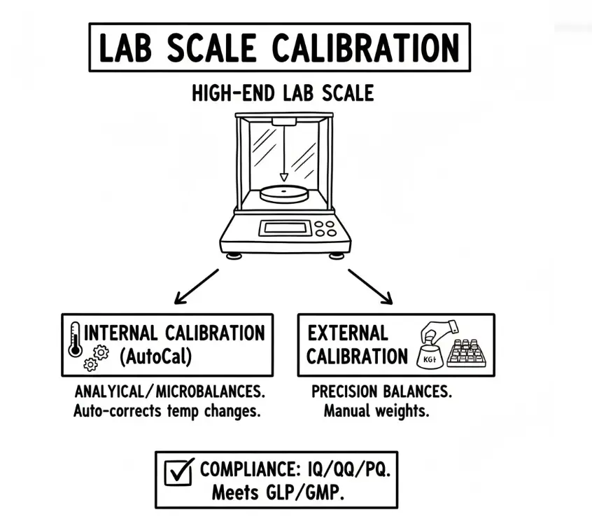 High-end lab scale calibration flowchart showing internal (AutoCal) vs. external methods and compliance (IQ/OQ/PQ).