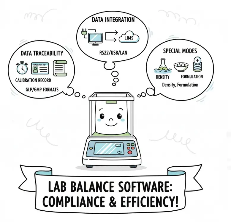 Lab balance cartoon illustrating software for compliance: Traceability (GLP/GMP), Integration (LIMS), and Application Modes.