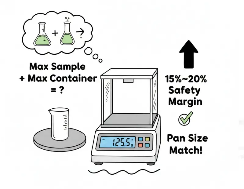 Lab scale sketch: Calculate max sample + container weight, add 15-20% safety margin, and ensure pan size matches containers.