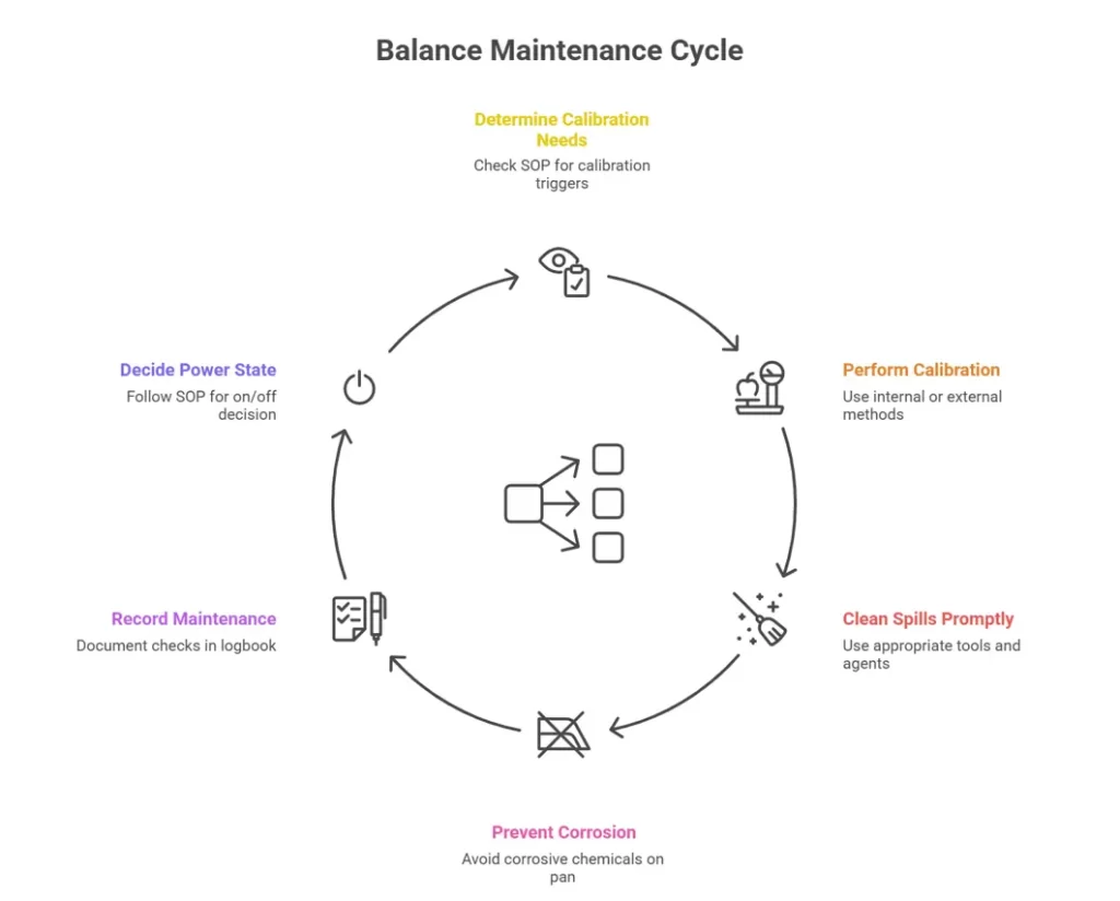 Lab scale Balance Maintenance Cycle: Calibration, Cleaning, Corrosion Prevention, Recording, Power State.