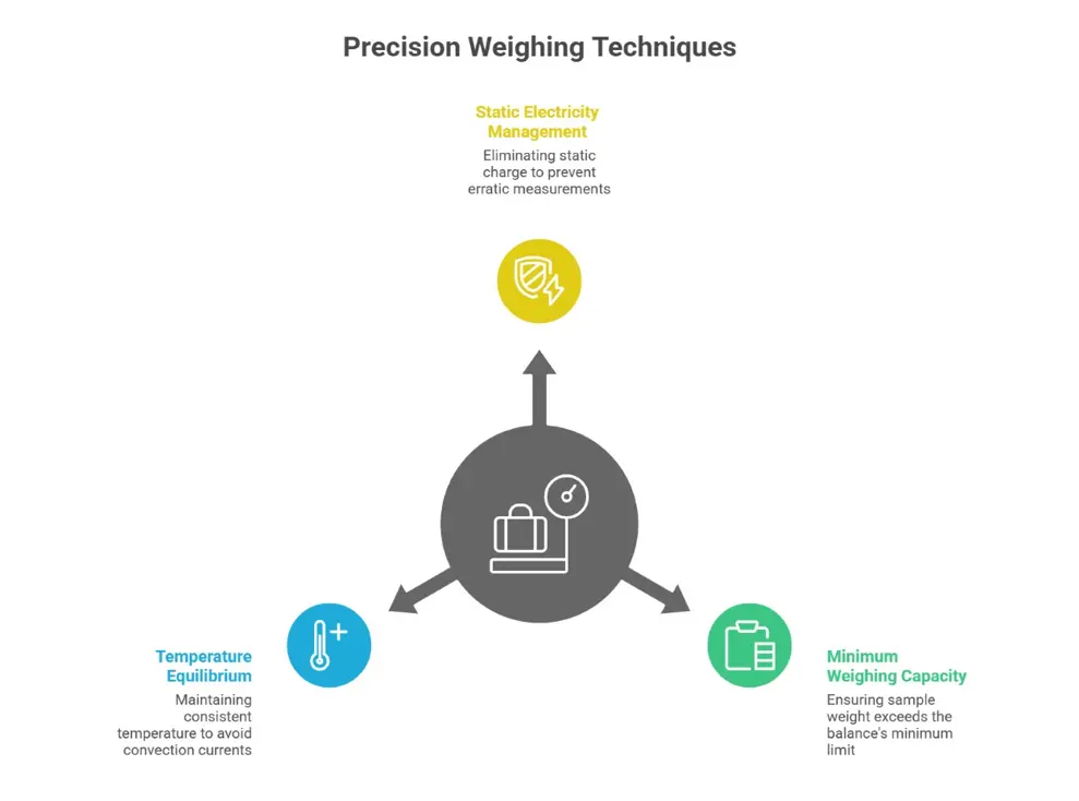 Lab scale precision weighing tips: Static Electricity, Temp Equilibrium, and Minimum Weight.