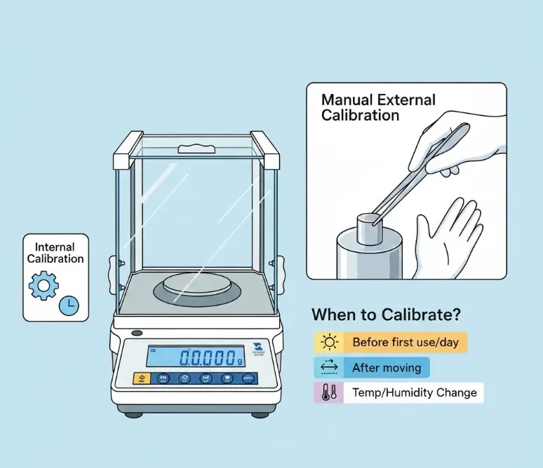 Professional calibration using tweezers for external weights to ensure balance measurement integrity.