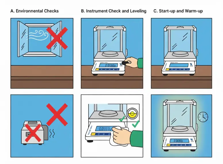 Instructions for lab balance setup: Environmental checks, leveling, and warm-up.