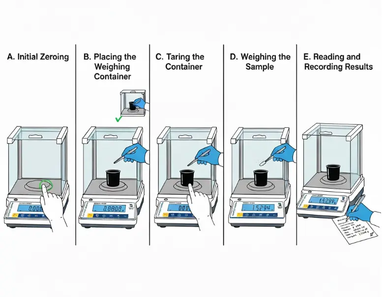 Lab balance weighing steps: Zero, place container, tare, weigh sample, and record.