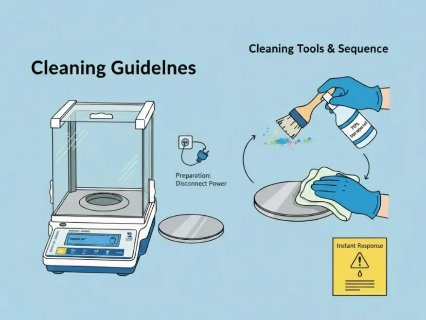 Cleaning a laboratory balance using a soft brush and lint-free cloth with 70% isopropyl alcohol.