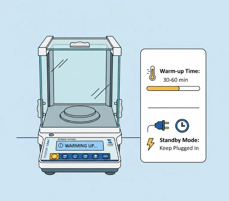Electronic balance displaying warming up status with recommended 30 to 60 minutes warm-up time icon.