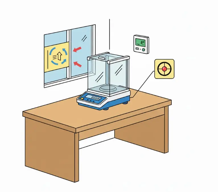 Proper analytical balance setup on a stable wooden desk away from windows and drafts for accuracy.
