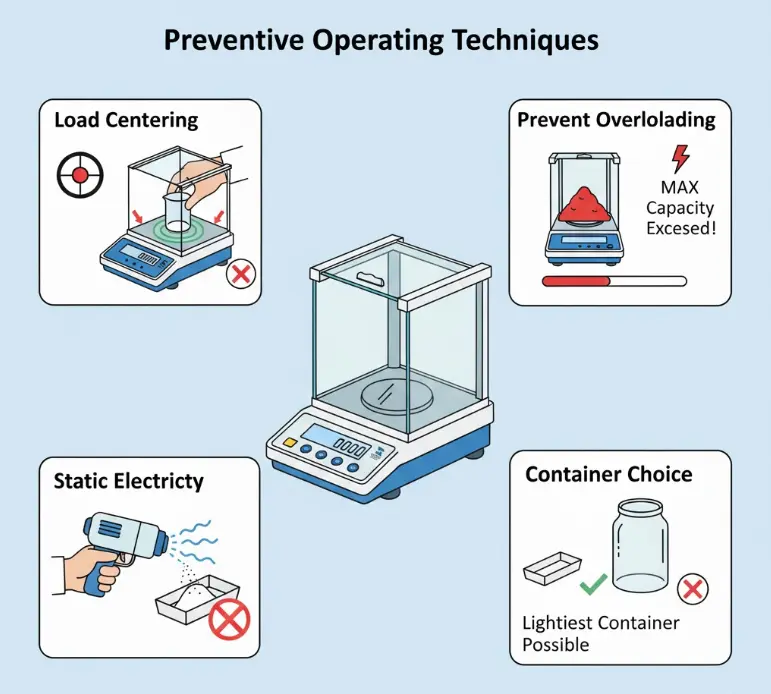 Best practices for weighing: load centering, preventing overload, and using anti-static techniques.