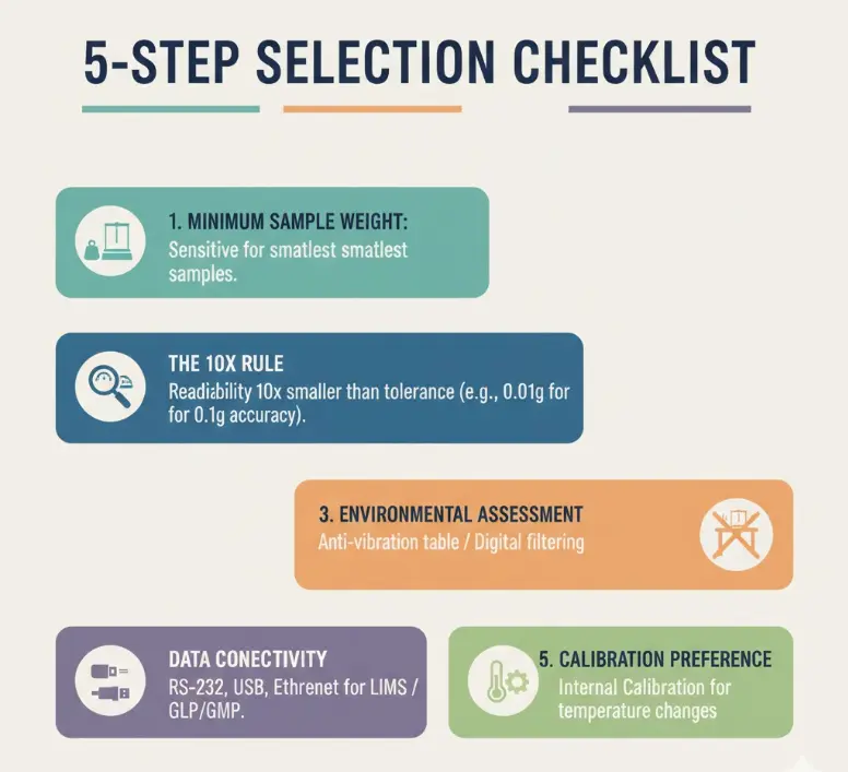 A 5-step checklist for choosing a lab balance, including the 10x rule, environment, and data connectivity.