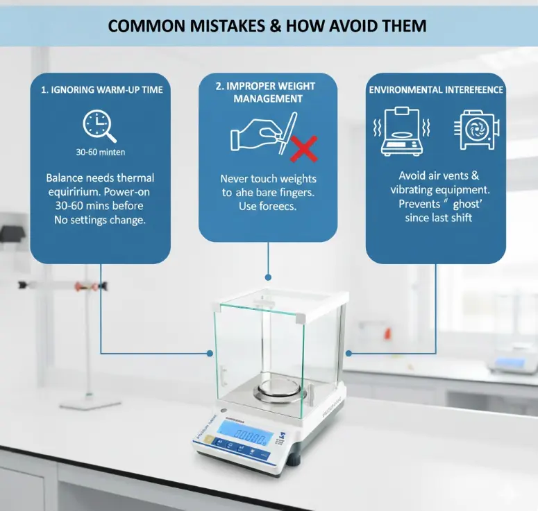 Infographic of common balance mistakes: ignoring warm-up, touching weights, and environmental interference.
