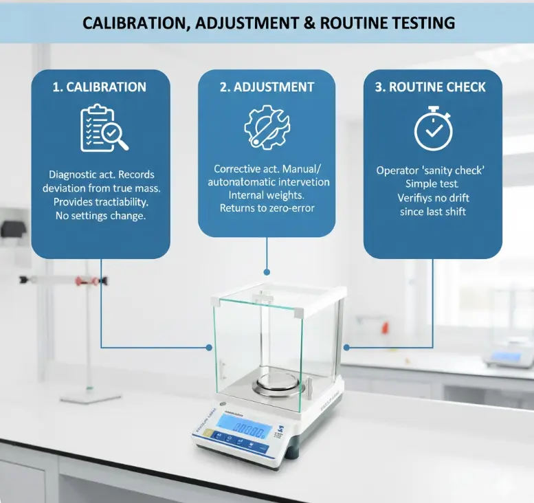 Comparison of calibration (diagnostic), adjustment (corrective), and routine check (sanity check) for lab balances.