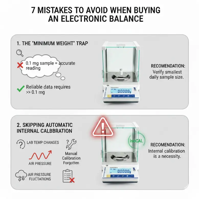 Tips on avoiding the minimum weight trap and the importance of automatic internal calibration for lab balances.