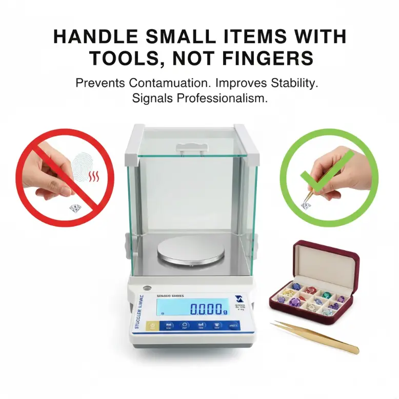 Use tools like tweezers instead of fingers to handle small gemstones to prevent contamination and ensure stability.