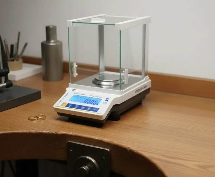 A high-precision digital jewelry scale with a glass draft shield placed on a professional wooden jeweler's workbench.