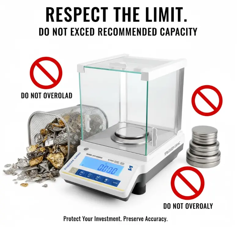 Maintenance tip: Respect the scale's limit and do not overload the weighing pan to protect sensor accuracy.