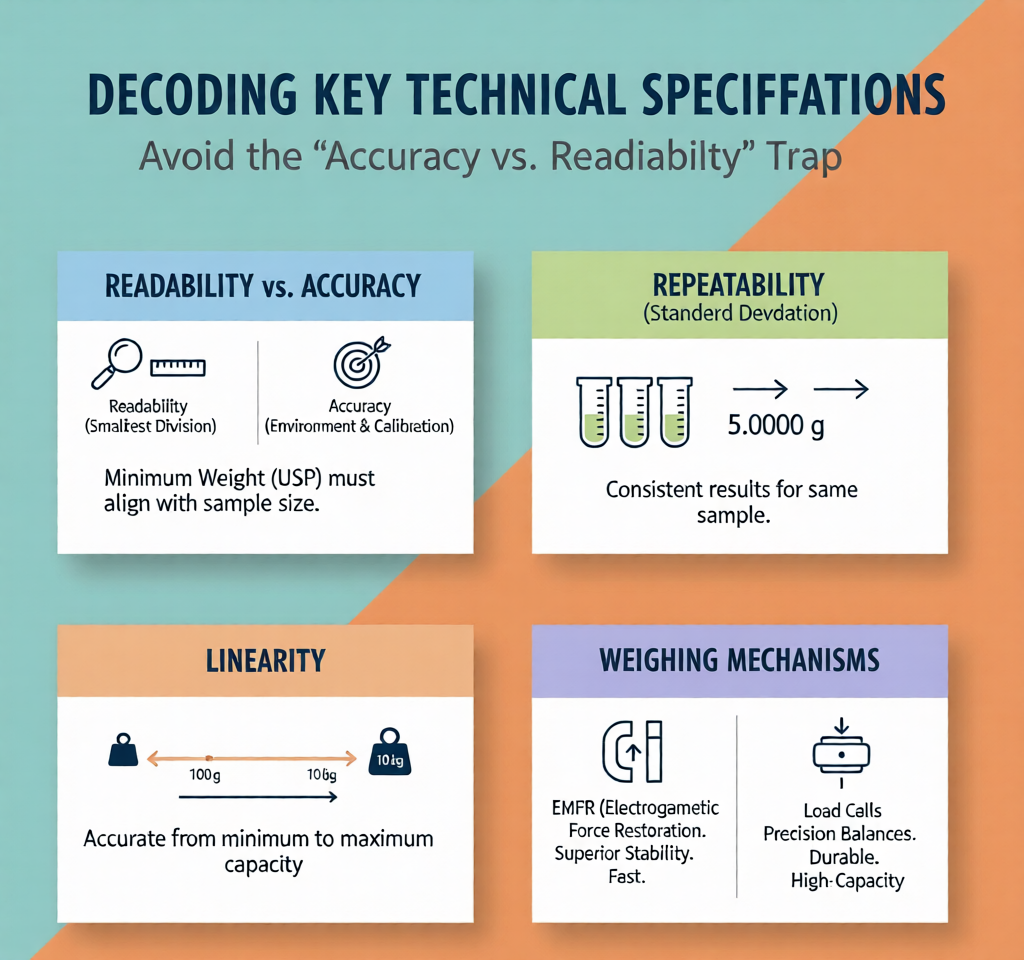 Infographic explaining readability, accuracy, repeatability, linearity, and weighing mechanisms like EMFR.