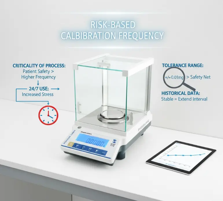 Factors for calibration frequency: process criticality, usage stress, tolerance range, and historical stability.