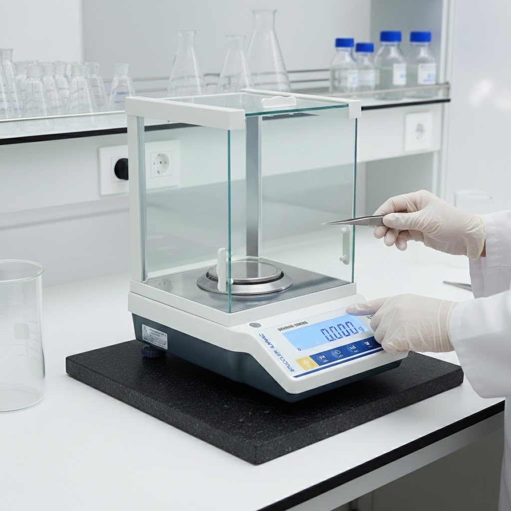 Stuccler precision electronic analytical balance on a vibration-dampening stone in a professional laboratory setting.