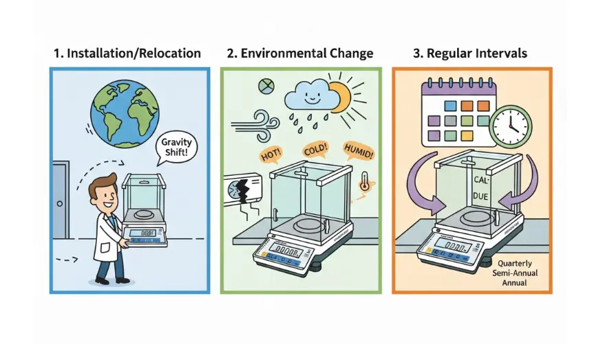 Three reasons to calibrate: after installation/relocation, environmental changes, or at regular intervals.