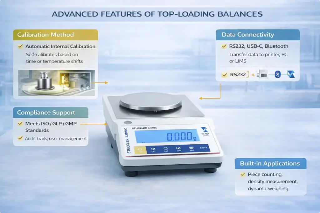 Diagram of advanced features: internal calibration, RS232/USB-C connectivity, ISO/GLP compliance, and built-in apps.