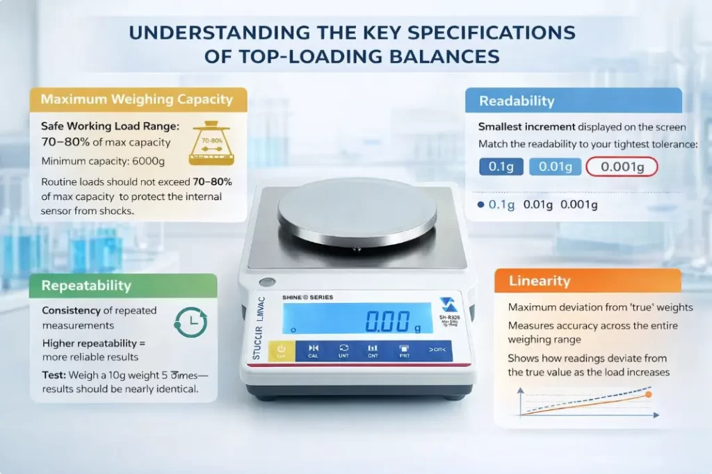Guide to balance specs: weighing capacity (70-80% load), readability (0.1g to 0.001g), repeatability, and linearity.