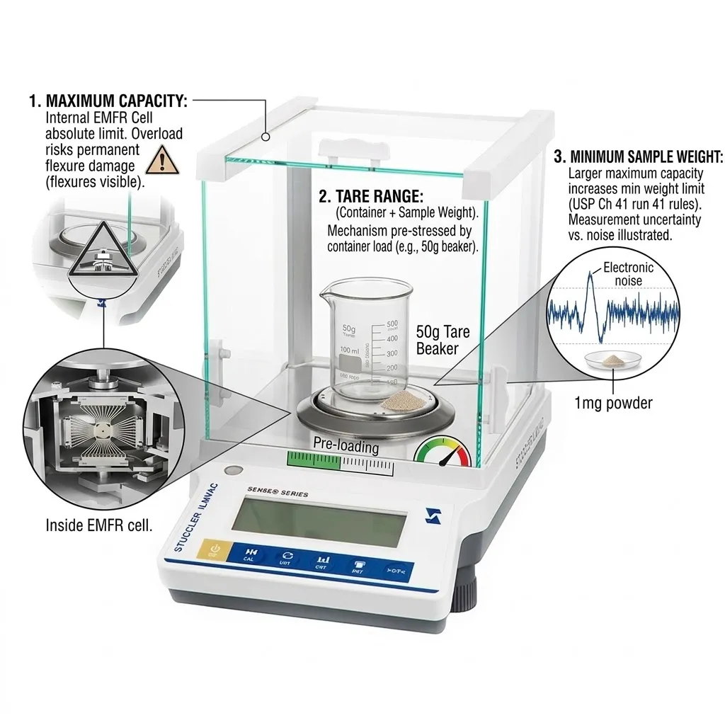 Diagram of an analytical balance showing its internal EMFR cell, tare range, and minimum sample weight limits.