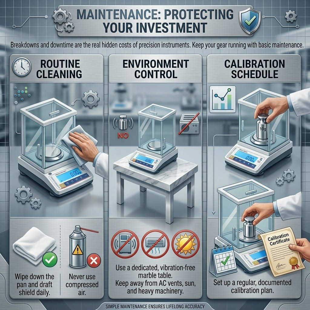 Maintenance guide for analytical balances showing routine cleaning, environment control, and calibration schedules.