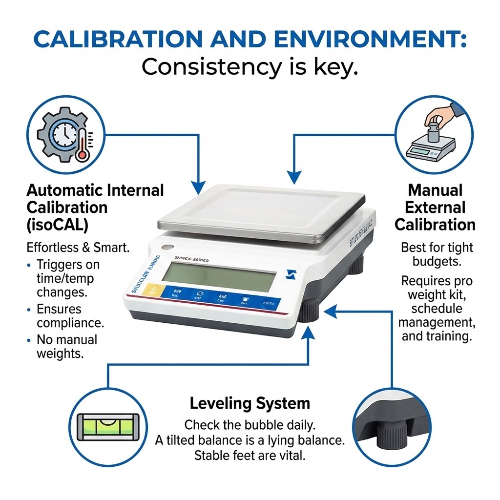 Automatic internal calibration (isoCAL) vs manual calibration and balance leveling system instructions.