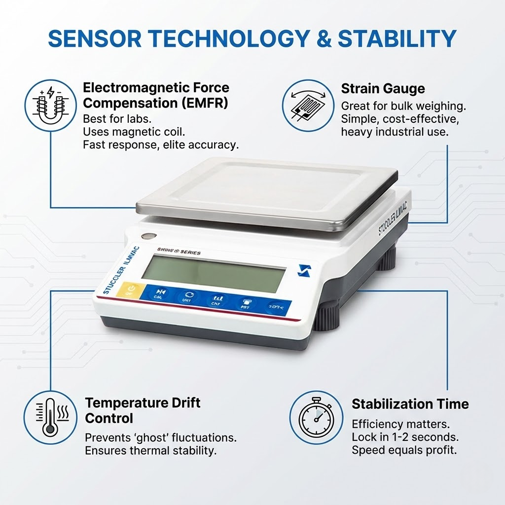 Comparison of EMFR and Strain Gauge sensor technology for laboratory and industrial weighing stability.