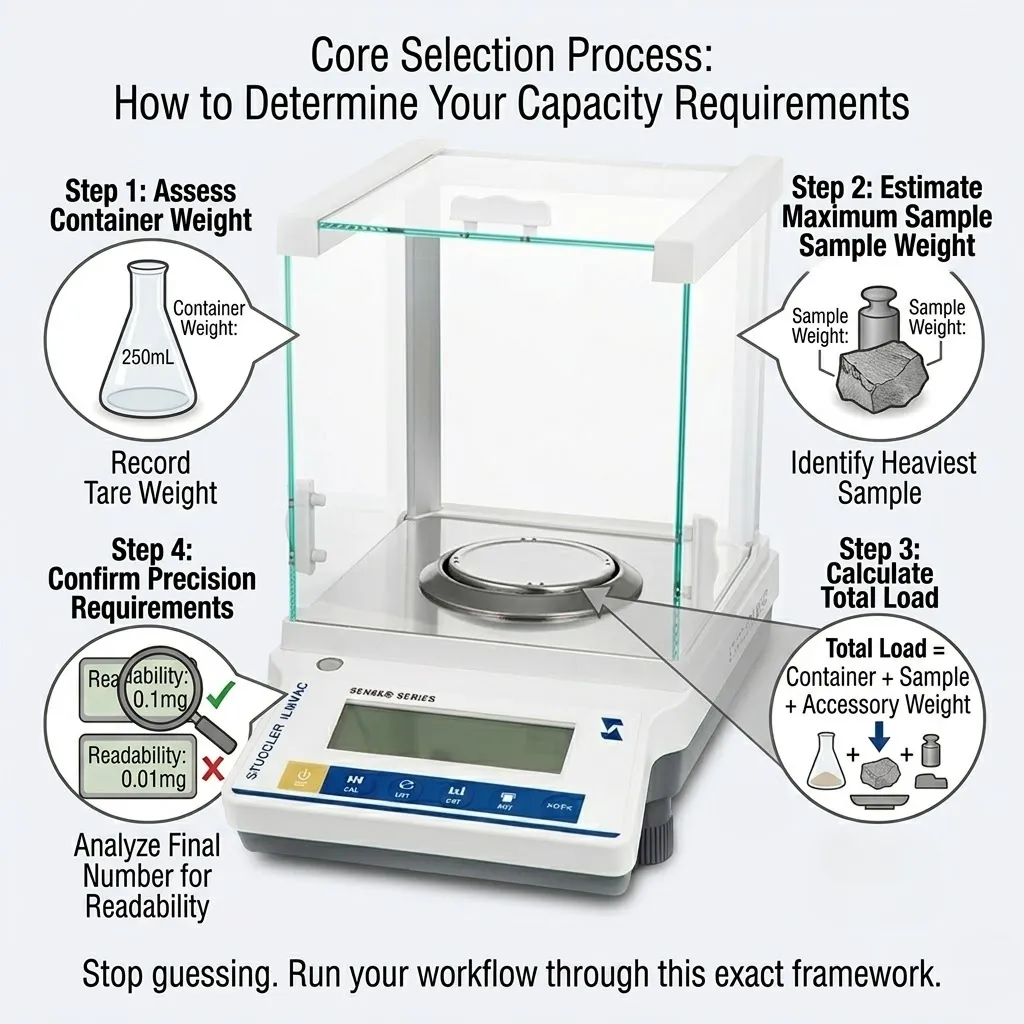 A 4-step guide to determining balance capacity: assessing container, sample, total load, and precision requirements.
