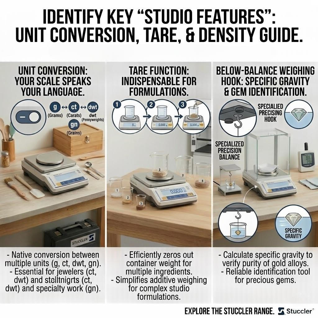 Features guide: Unit conversion (g, ct, dwt, gn), tare for containers, and below-balance hook for gem density.