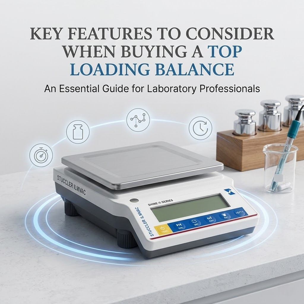 Cover image for top loading balance buying guide featuring a laboratory scale with digital display and feature icons.
