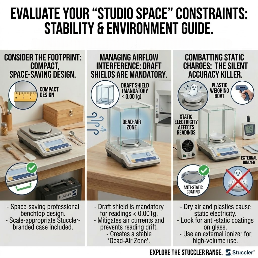 Guide on scale stability: compact footprint, draft shield for air currents, anti-static measures for accuracy.